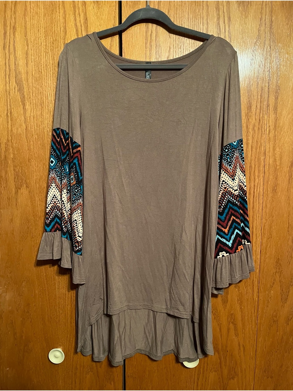 Women's Taupe Tunic with Patterned Bell Sleeves